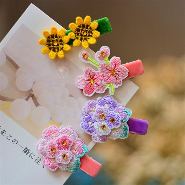 

hair accessories 8pcs/lot small fresh velvet hairpins kids embroidery cartoon flower clips for girls barrettes, Slivery;white