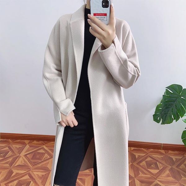 

women's wool & blends winter 2021 korean simple double sided plus size long 100% coat women breasted suit collar loose woolen overcoat, Black