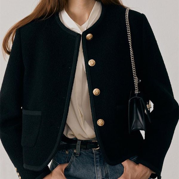 

women's jackets woolen coat cardigans women o-neck outerwear single breasted solid colors 2021 autumn winter female short with pockets, Black;brown