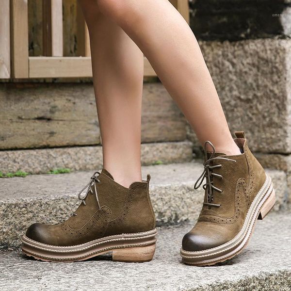 

boots platform lace up women booties natural cow leather lady hole design block heel solid female short shoes1, Black