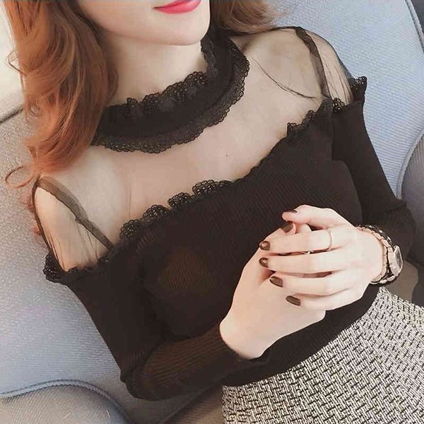 

womens fashion long sleeve lace rufflrd collar sweater autumn ladies see through solid color knitted pullovers plus size, White;black