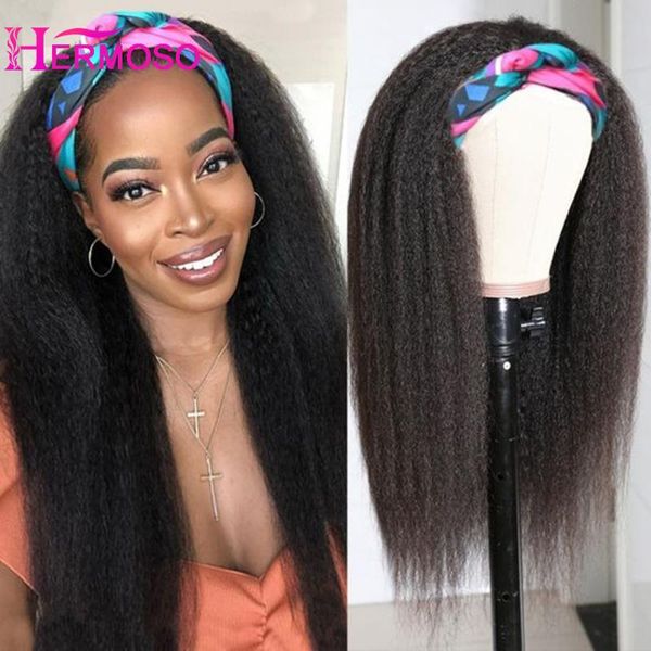 

headband wig kinky straight human hair wigs glueless head band brazilian full machine made for black women 180% density lace, Black;brown