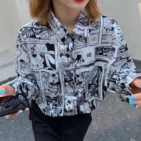 

women's blouses & shirts 2021 harajuku street shirt couple women's t- printed anime bf long spring and autumn collar casual top, White