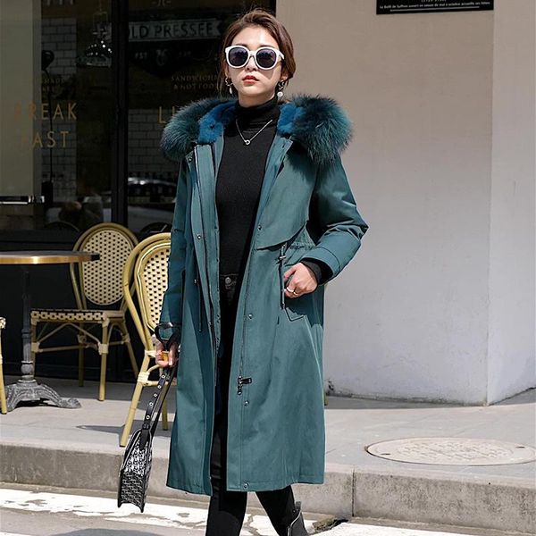 

women's fur & faux real raccoon collar hooded long coat women female warm thick liner overcoat fashion parkas outwear solid color, Black