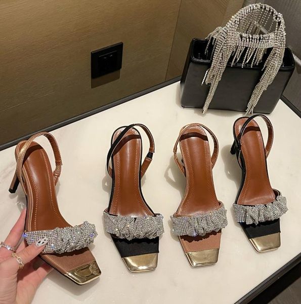

sandals beige heeled 2021 summer open toe women's low shoes large size black stiletto elastic band peep rhinestone low-heeled