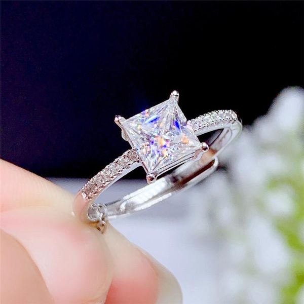 

cluster rings princess cut moissanite ring women wedding anniversary jewelry real 925 sterling silver 1ct 5.5mm lab diamond with certificate, Golden;silver