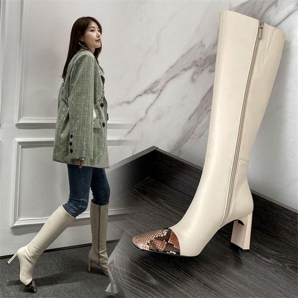 

boots 2021 autumn women square toe personalized fashion high-heeled color matching high youth women's, Black