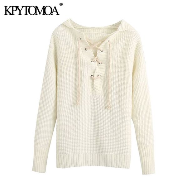 

women fashion crossover cord detail loose knitted sweater vintage hooded side vents female pullovers chic 210420, White;black