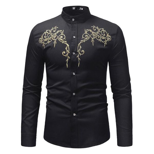 

men's casual shirts fashion mandarin collar shirt men chemise homme embroidery mens dress slim fit long sleeve male 3mtr, White;black