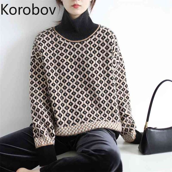 Korobov Koreanische Elegante Vintage Sueter Mujer Neue Ankunft Frauen Pullover Rollkragen Plaid Patchwork Weibliche Pullover 210430