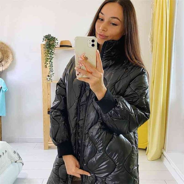 

down cotton coat women's long stand collar winter korean version of bright over-the-knee cotton-padded jacket 210923, Black