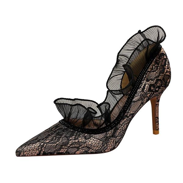 

dress shoes women classic pumps pointed toe woman thin heels ladies lace wedding female high heel g0284, Black