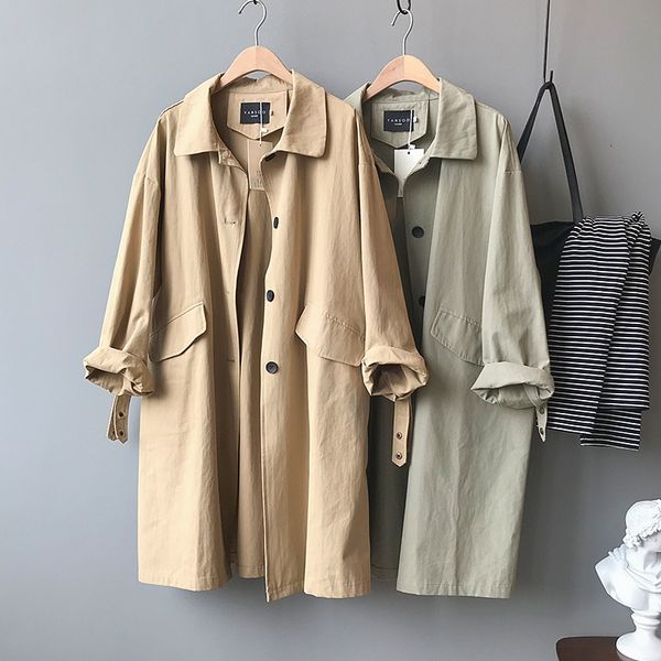 

women's trench coats coat long female travel style, loose khaki jacket casual spring iwsa, Tan;black