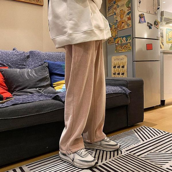 

man casual tie leg straight pants woman corduroy solid color oversize trousers warm korean streetwear men's, Black