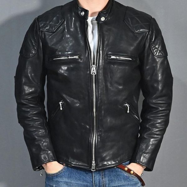 

men's leather & faux yr.luxury washed batik horsehide jacket,vintage motor biker clothes,cool slim genuine coat,, Black