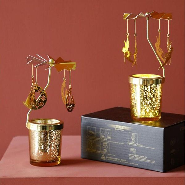 

1pcs rotating candlestand iron glass candlelight dinner props deskdecorative ornaments carousel candlestick home decoration candle holde