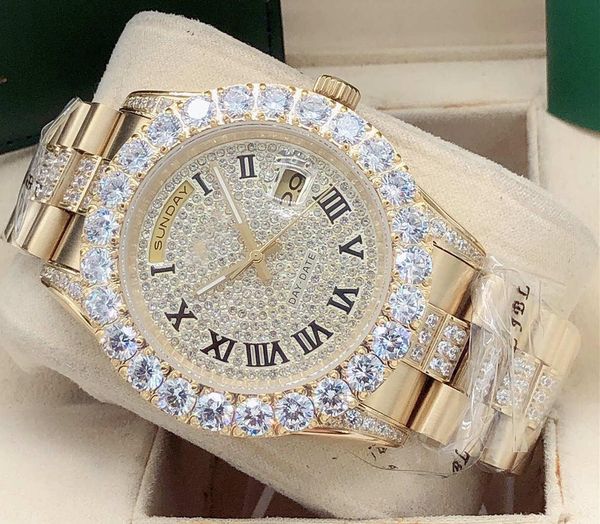 

Men watches 43MM large diamond star Roman literal wrist watch date/week design fashion quality stainless steel mechanical Wristwatches, Slivery;brown