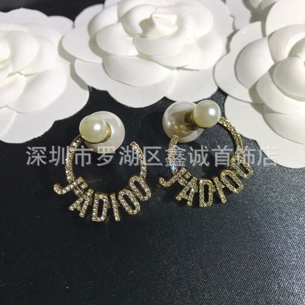 

design jewelry new letter inlaid diamond size pearl earrings brass 925 silver needle earrings