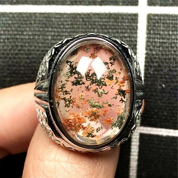 

cluster rings 24x18mm natural red phantom quartz ring for man crystal silver love oval beads fashion jewelry adjustable finger, Golden;silver