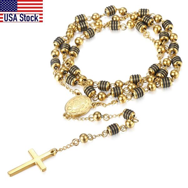 

chains 6mm rosary jesus christ cross pendant necklace gold black tone stainless steel bead long chain women men fashion jewelry kn434, Silver