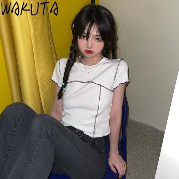

women's t-shirt wakuta ins chic short sleeve tshirt women korean fashion 2021 summer bright line decoratived all match tshirts streetw, White