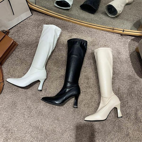 

boots women over knee autumn shoes boots-women over-the-knee leather med rubber ladies pointy high heel white 2021 rome lace-up, Black