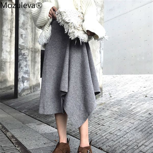 

fashion a-line irregular women sweater skirt elastic waist pleated mid-length female knitted s winter 210427, Black