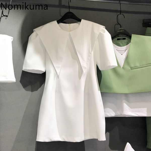 

nomikuma summer new woman dress elegant slim waist peter pan collar vestidos femme puff sleeve sweet mini dresses 6h497 210427, Black;gray