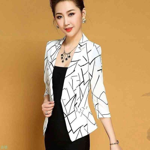 

women's suits & blazers peonfly fashion black white geometric printed women elegant casual office lady coat three quarter sleeve blazer, White;black