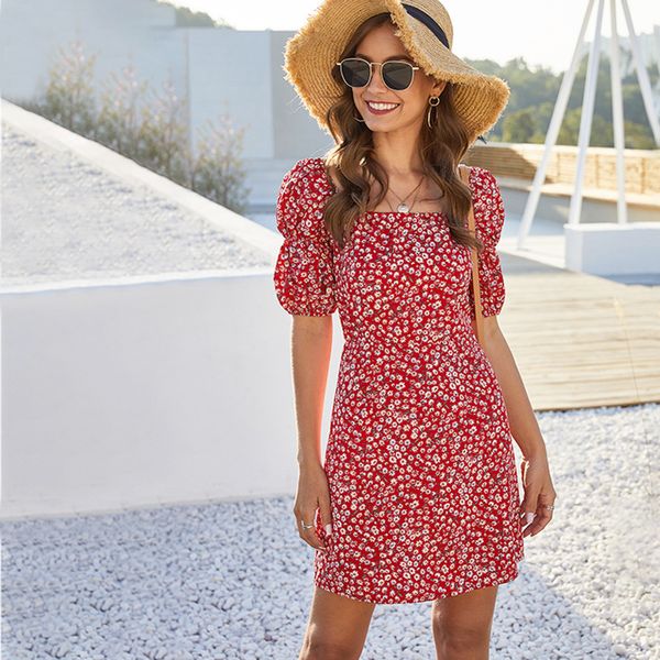 

summer fashion lantern sleeve floral print women 2021 new retro square collar invisible zipper elegant red short dress, Black;gray