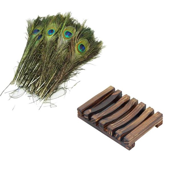 

soap dishes 25 pcs natural peacock feathers & 1 bamboo wood dish storage holder