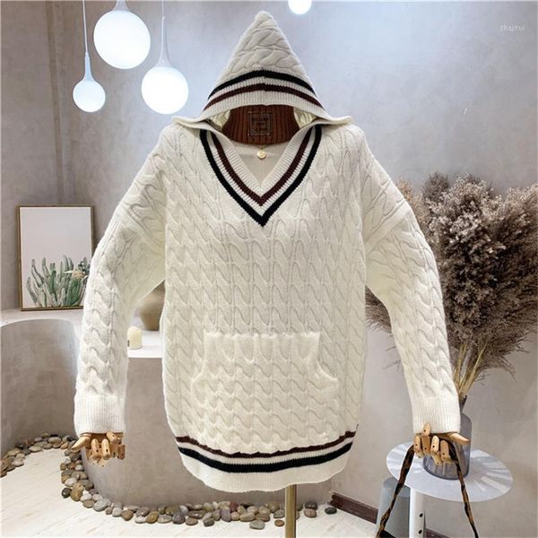 

women's sweaters niche design clothing 2021 autumn hooded sweater loose and versatile hit color ins college style fashion knitted top, White;black