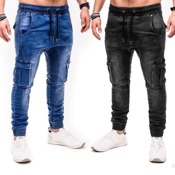 

men's elastic sports jeans, laced and multi pocket, casual hip-hop running, Blue