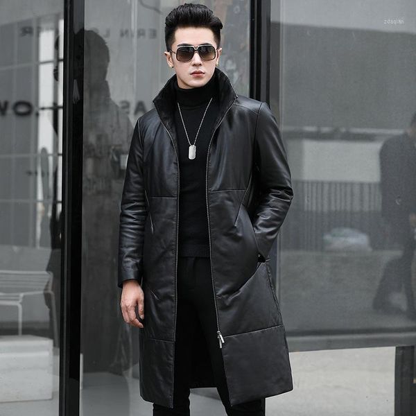 

men's leather & faux genuine jacket men cow duck down winter coat long for mens clothes 2021 jaqueta de couro, Black