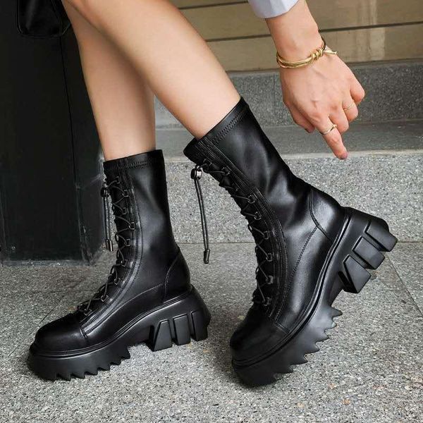 

boots women round toe platform side double zippers lace-up leather black brown chunky design trendy leisure