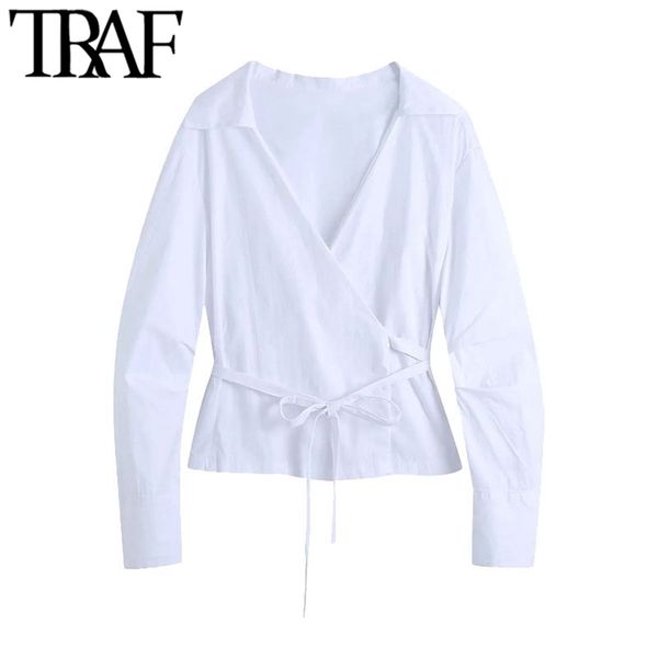 Frauenmode mit gebundenen Crossover-weißen Blusen Vintage lange plissierte Ärmel weibliche Hemden Blusas schicke Tops 210507