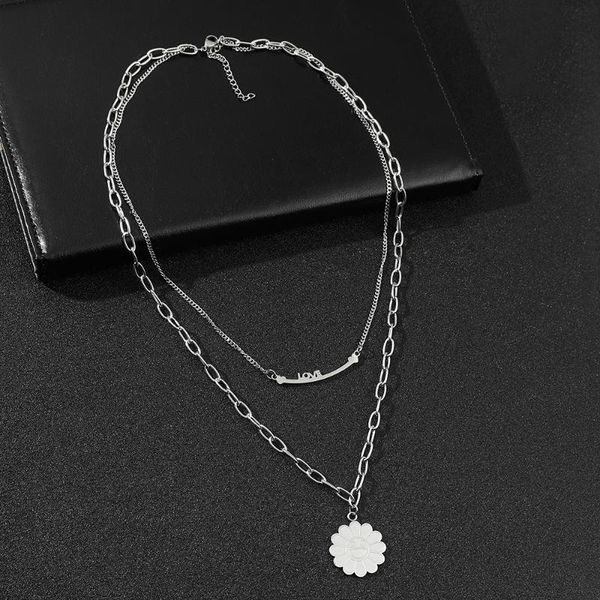 

pendant necklaces fashion women double layer daisy love stainless steel necklace cool hip-hop collar chain silver color rapper jewelry gifts