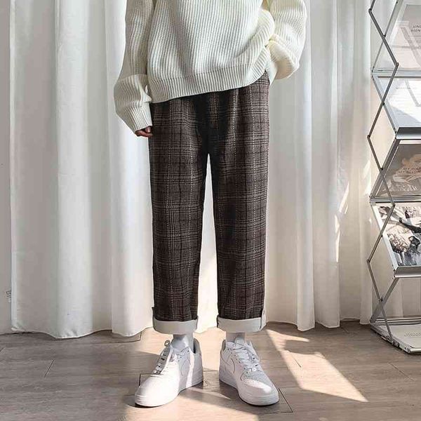 

men's pants winter plus velvet fashion retro casual plaid men streetwear loose korean style straight wide leg mens f0g0, Black