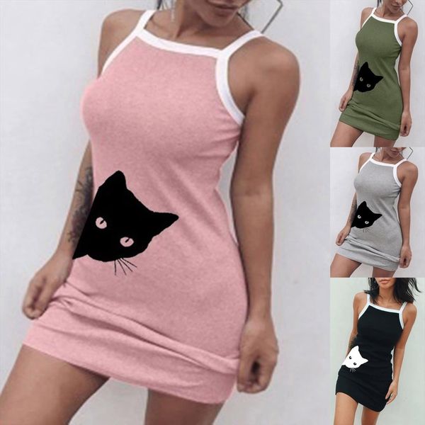 

cartoon cat pattern suspenders women dresses tight mini casual home wear pajamas sleeveless nightdress nightgown kobieta sukienka, Black;gray