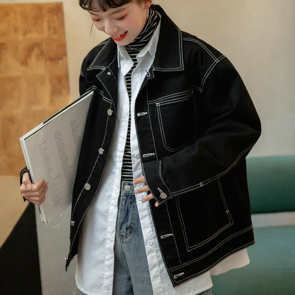 

women's jackets autumn 2021 korean students bf temperament commuting retro bright line loose large pocket work solid color denim jacket, Black;brown
