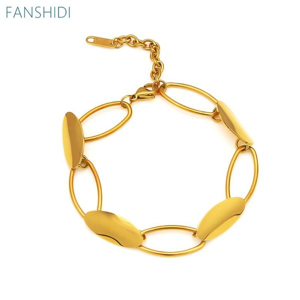 Link, Corrente Fanshidi Pulseira para Mulheres Aço Inoxidável Geométrica Oval Oval Cor Charm Bangle Luxo Jóias