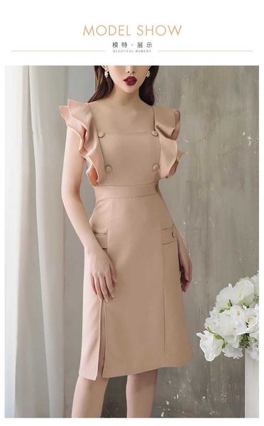 

luxury party evening dress temperament ruffle 's french square neck small flying sleeve over knee hip skirt in summer 2021, White;pink