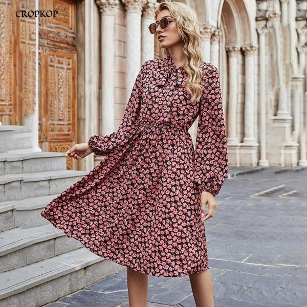 

long dress fashion bowknot tie elegant ladies floral print sleeve dresses for women fall autumn clothes arrival 2021 casual, Black;gray
