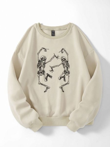 

skeleton print drop shoulder thermal pullover o8xi#, White;black