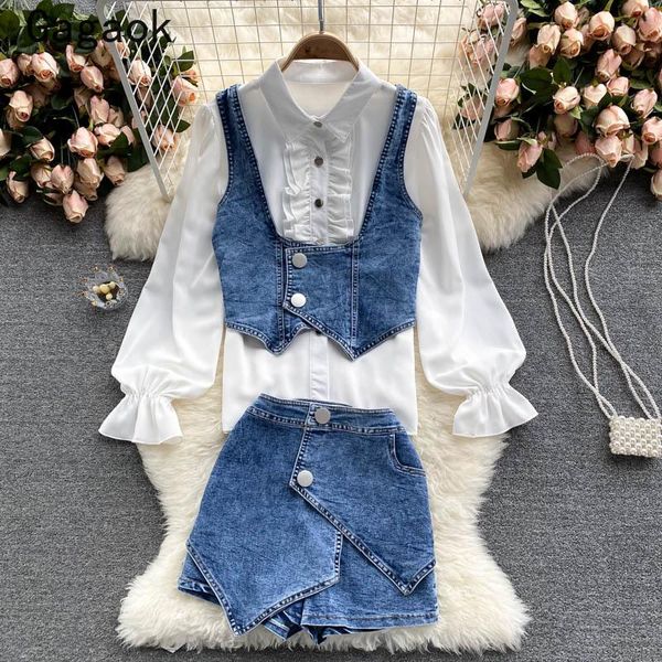 

women's tracksuits gagaok casual three-piece suit women 2021 spring autumn solid vintage fashion denim outfits white blouses + vests sh, Gray