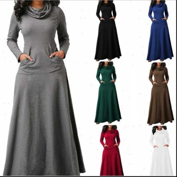 

warm with pocket casual women dresses solid vintage autumn winter maxi robe bow neck long elegant, Black;gray