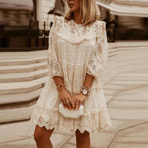 

casual dresses summer fashion embroidery lace mesh dress elegant party solid 3/4 sleeve ruffle mini women o neck loose beach vestidos, Black;gray