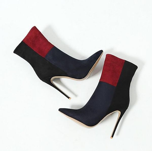

boots real po black red mixed colors socks ankle pointed toe side zipper womens suede winter thin heels ladies shoes