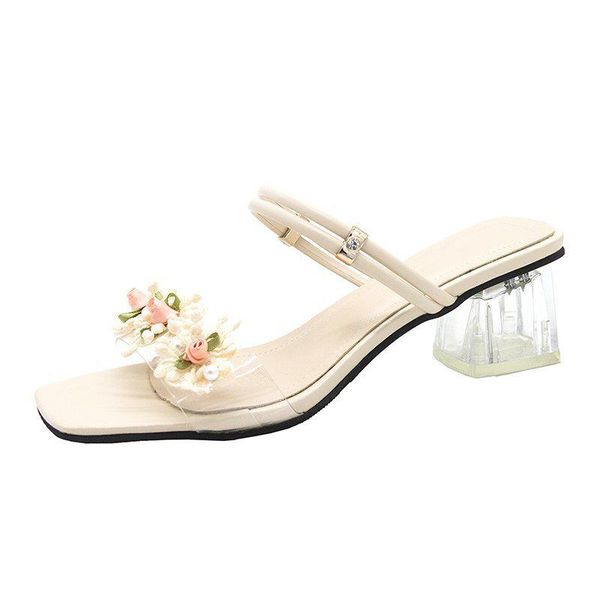 

sandals casual slingbacks female fashion summer 2021 women shoes toe ladies slides square heels slip on flower high, Black