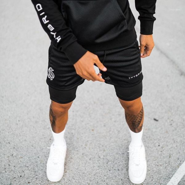 

men's shorts european and american fashion brand sports double layer training fake two basketball running fitness capris, White;black